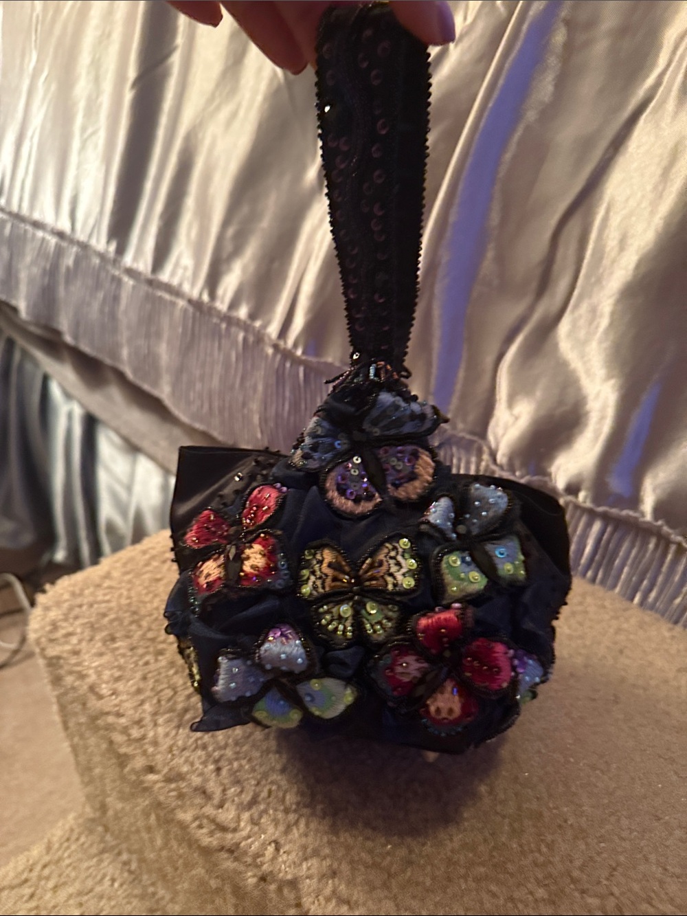 Black Wristlet Bag with Multicolor Sequin Butterflies
